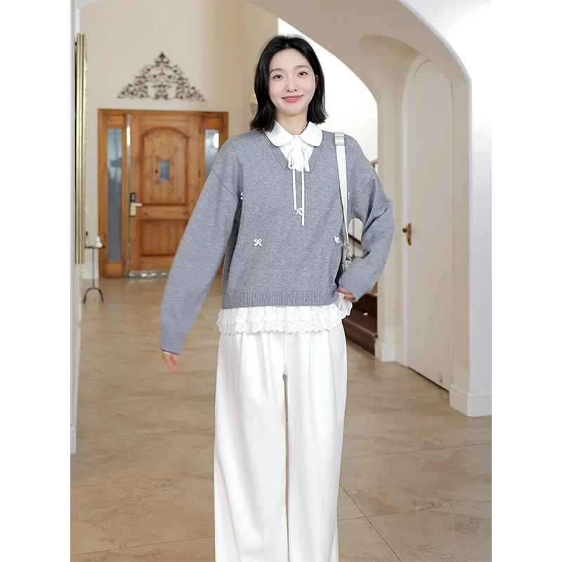 郭九九呢 羊毛天丝蝴蝶结宽松假两件毛衣加绒牛仔裤 G924Z16168