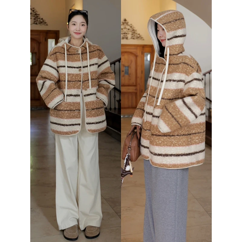 郭九九呢 冬季条纹宽松颗粒圈圈毛呢休闲连帽加厚外套 G924T16562