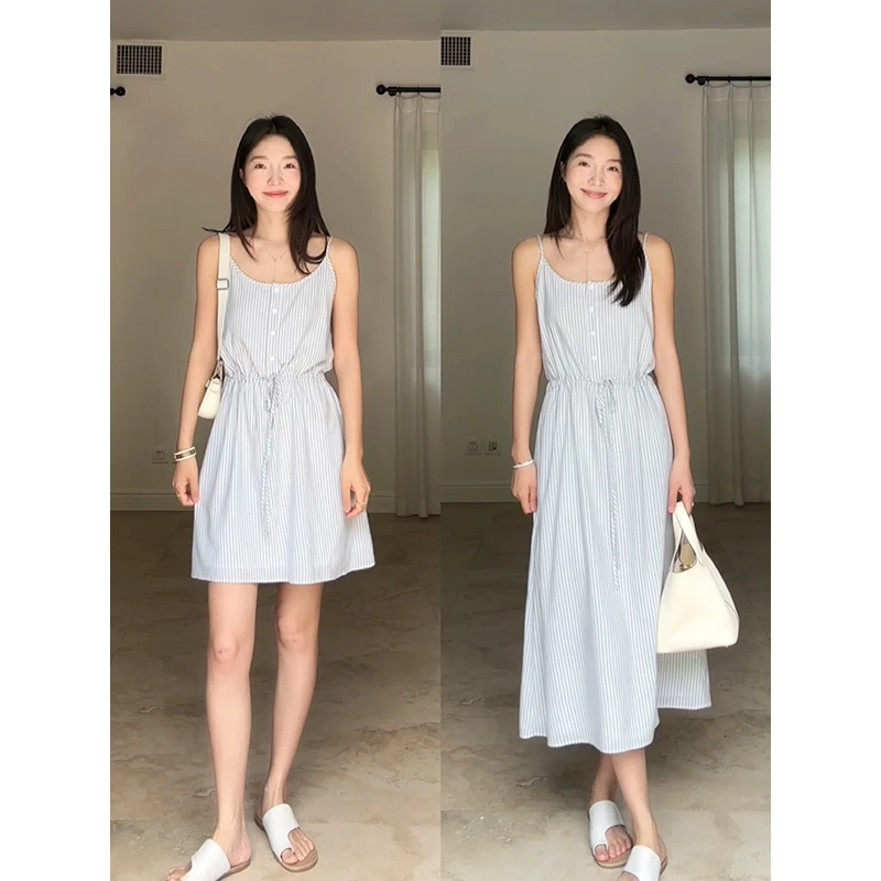 郭九九呢 棉清爽夏季条纹吊带抽绳收腰连衣裙开衫外套 G924Q05570