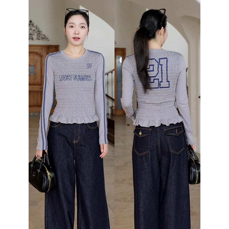 郭九九呢 棉辣妹设计感球衣风修身长袖t恤阔腿牛仔裤 G924C14973