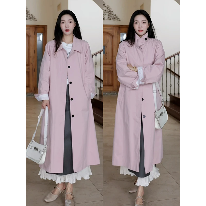 【断码特价 现货不补】 纯棉宽松显瘦长款粉色风衣外套 G924T13857