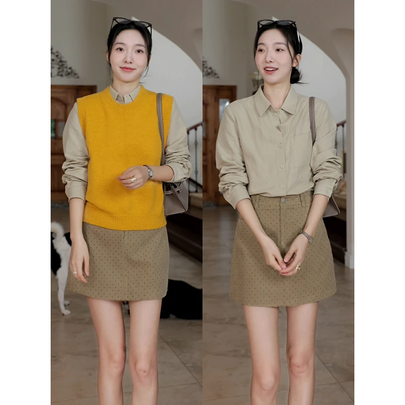 【断码特价 现货不补】 亚麻棉衬衫针织马甲波点a字半裙G924C16867
