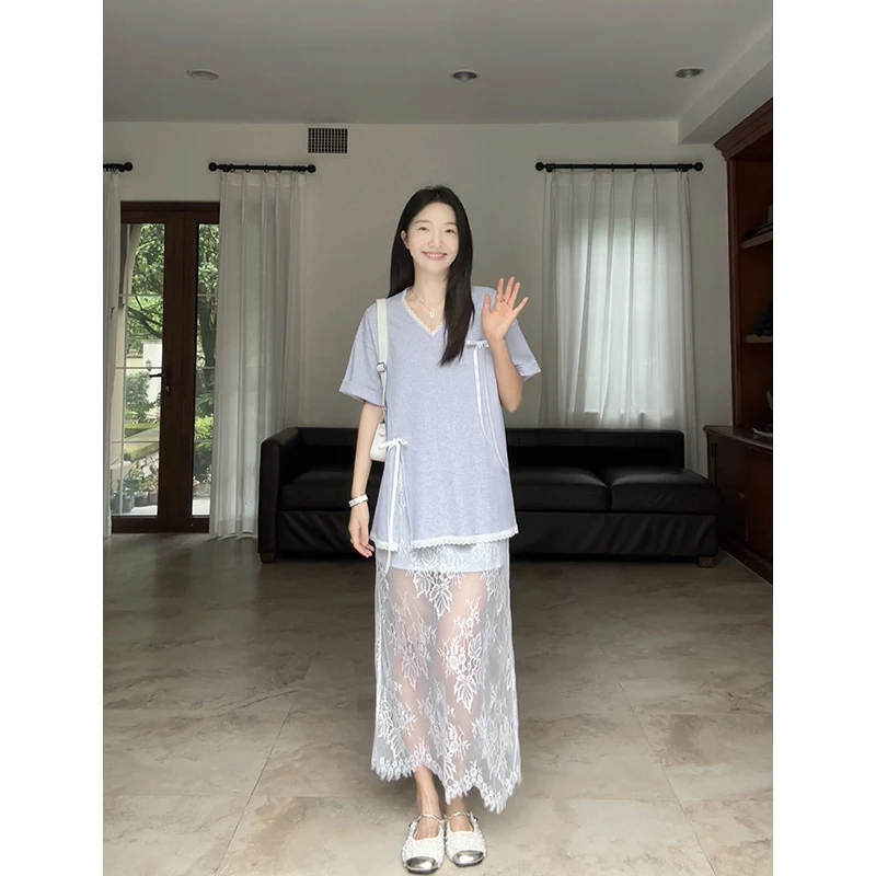 【断码特价 现货不补】蝴蝶结宽松开叉上衣拼接半身裙G924A07222