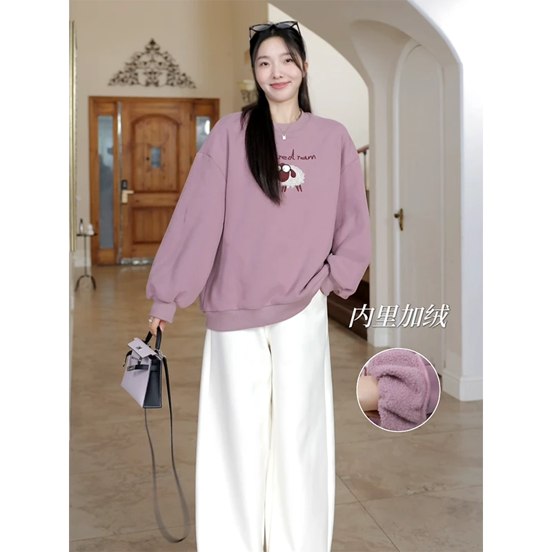 郭九九呢 棉韩系小羊绣花宽松显瘦加绒卫衣加绒弯刀裤 G924Z20175