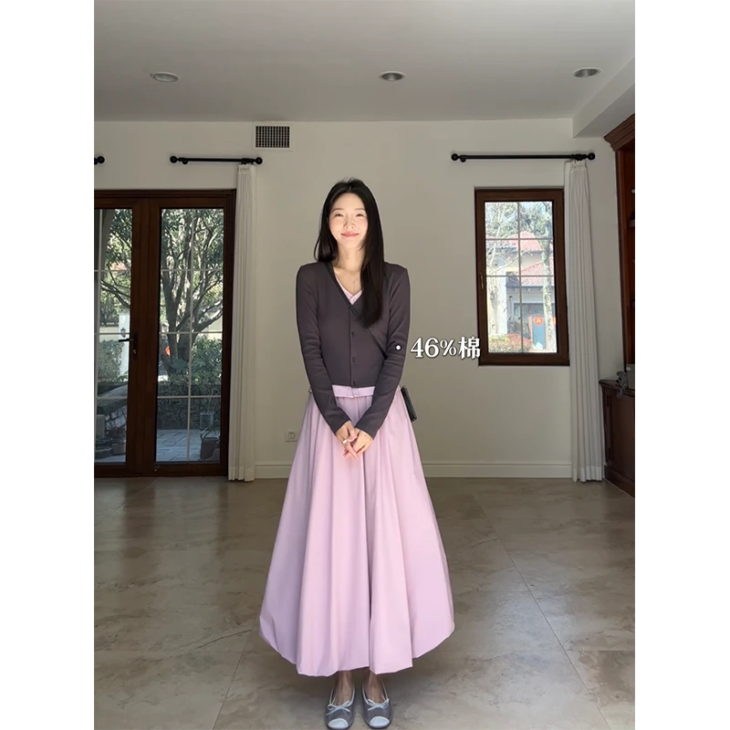 郭九九呢清冷V领假两件撞色修身开衫T恤上衣花苞裙半裙G924A01941