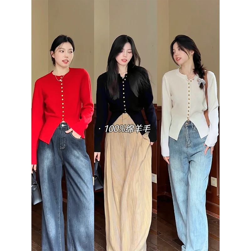 【年终清清 售完不补】全羊毛轻奢金扣气质毛衣短外套G923Z07004