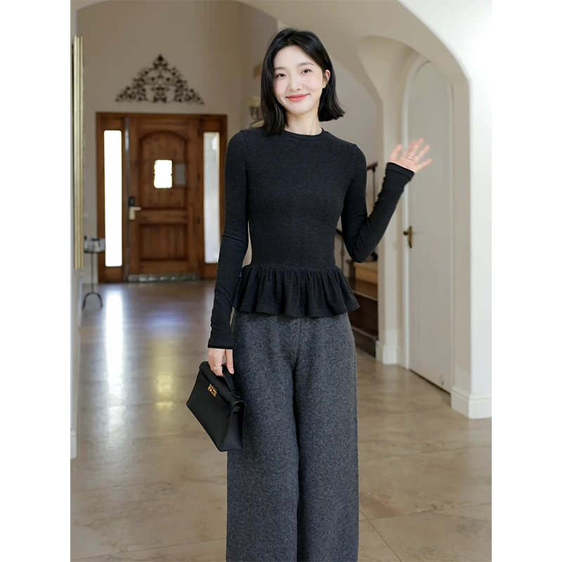 郭九九呢 芭蕾风花边修身显瘦打底衫T恤高腰束脚裤 G924Z19804-1