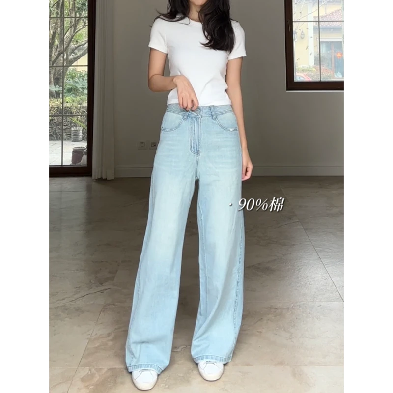 郭九九呢 棉质清新水洗做旧浅蓝色直筒阔腿裤牛仔裤夏 G924Z02891