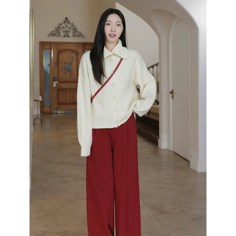 郭九九呢 羊.毛慵懒减龄宽松针织毛衣开衫加绒阔腿长裤G924Z17079