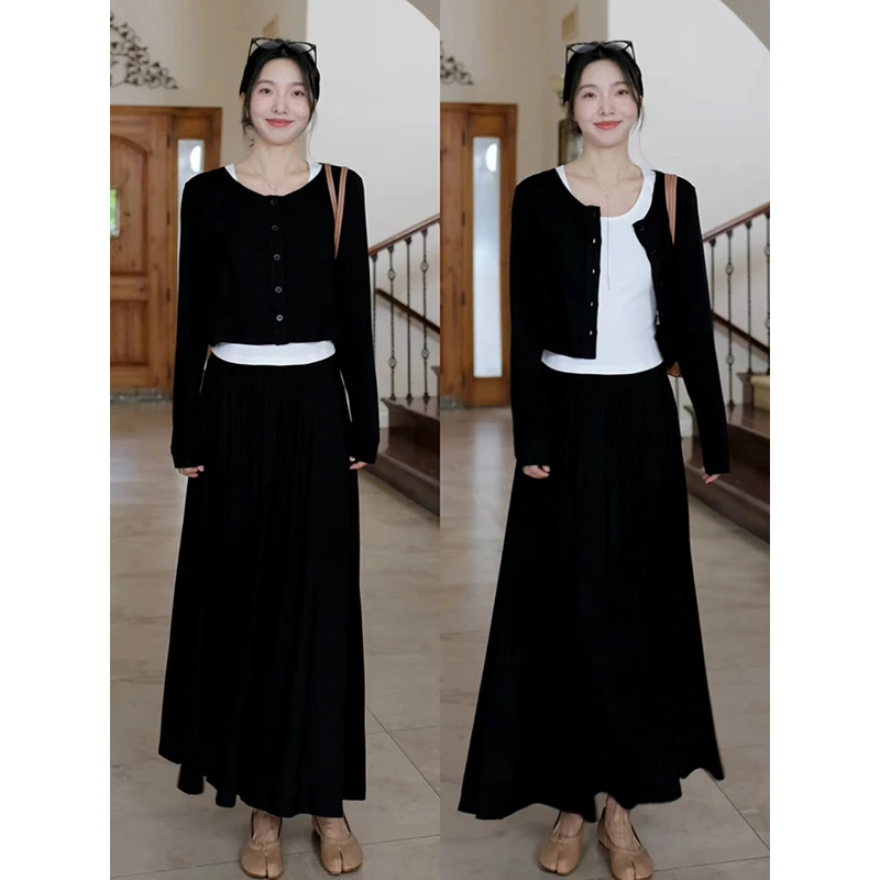 郭九九呢 气质慵懒休闲百搭显瘦开衫U领背心褶皱半裙 G924A12407