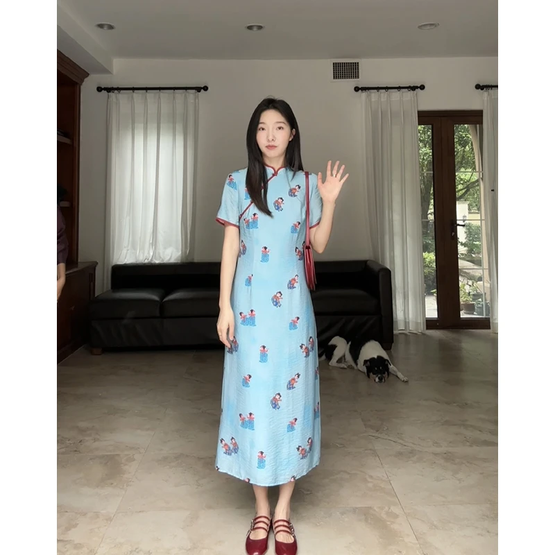 【断码特价 现货不补】改良旗袍印花撞色气质显瘦连衣裙 G924Q08560