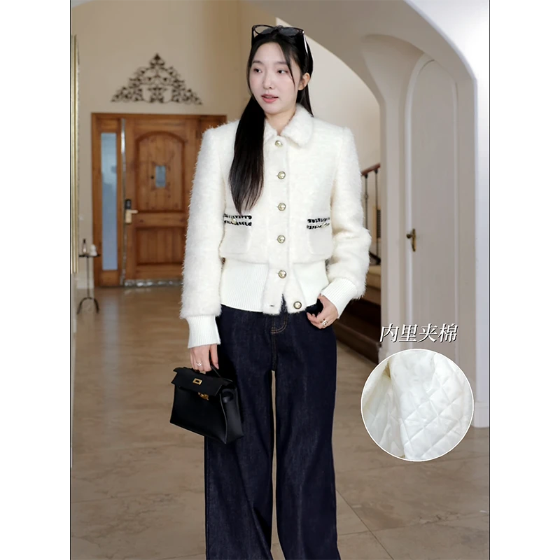 郭九九呢 羊毛小香风显瘦毛茸毛呢棉服外套加绒牛仔裤 G924M18916