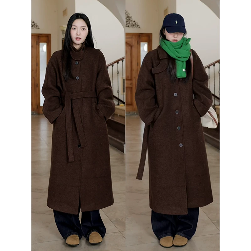郭九九呢 100%纯羊毛立领单排扣宽松显瘦毛呢大衣外套 G924M18162