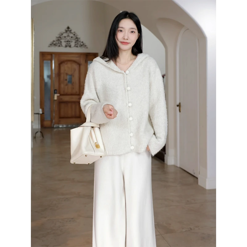 郭九九呢 羊.毛温柔宽松显瘦连帽毛衣外套阔腿直筒裤 G924Z17921