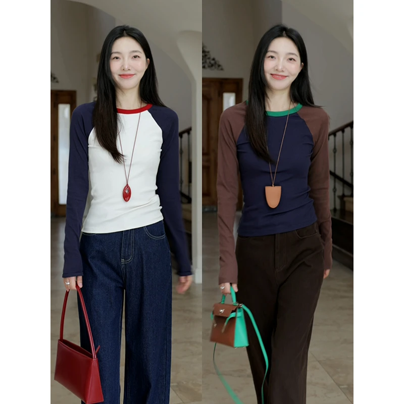 【断码特价 现货不补】 棉撞色修身长袖T恤阔腿牛仔裤G924Y13698