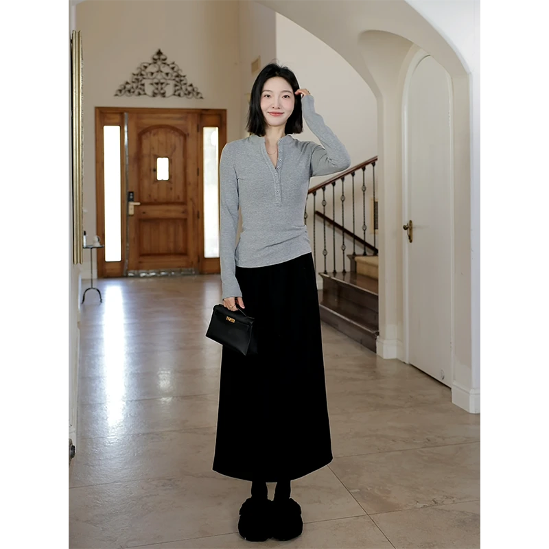 郭九九呢 羊毛桑蚕丝松紧腰a字半身裙小黑裙亨利衫T恤G924G19564