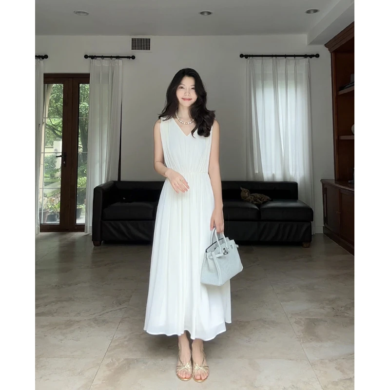 【断码特价 现货不补】V领褶皱飘逸收腰无袖礼服连衣裙G924Q02614