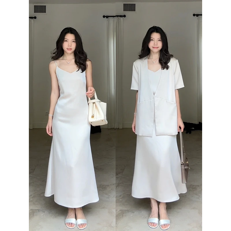 【断码特价 现货不补】缎面垂感V领吊带连衣裙西装外套G924A06551