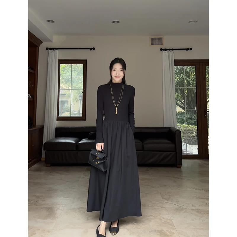 郭九九呢 简约百搭显瘦德绒加绒打底长袖小黑裙连衣裙G923A03775