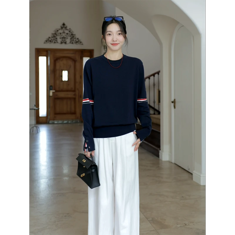 郭九九呢 纯棉TB留学生风撞色宽松毛衣牛仔阔腿长裤 G924Z11876