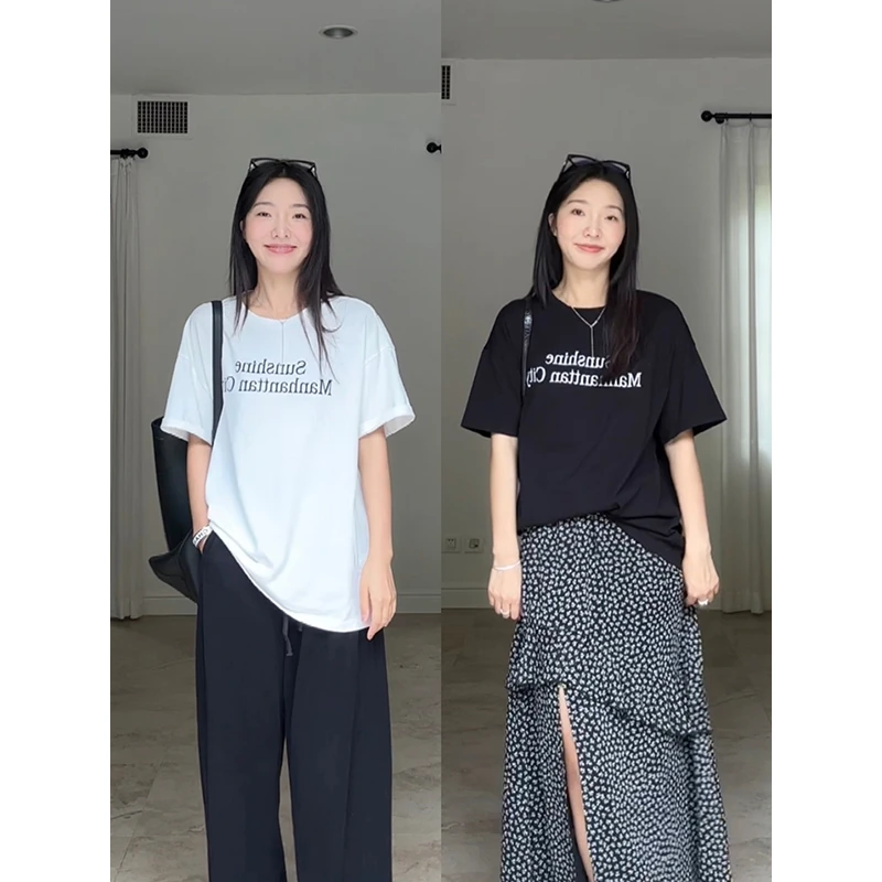 郭九九呢 纯棉韩版通勤圆领百搭字母印花短袖T恤薄款夏G924Y01406