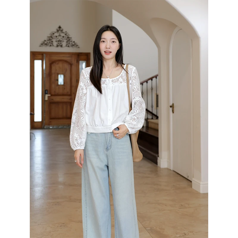 【断码特价 现货不补】 棉优雅文艺气质蕾丝拼接衬衫 G924C08398