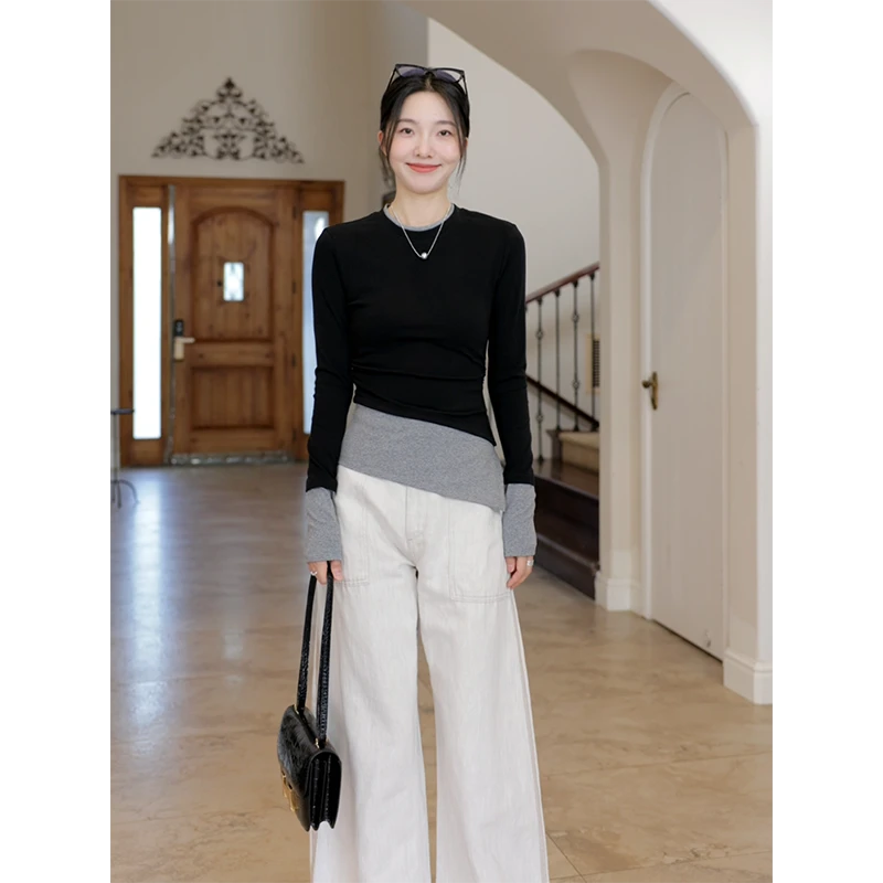 郭九九呢 棉假两件拼接修身显瘦长袖t恤百搭阔腿裤长裤G924Z12115