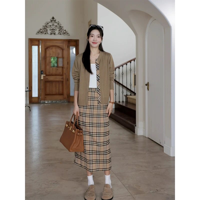 郭九九呢 羊.毛老钱风复古撞色显瘦毛衣外套格子半身裙G924A14989