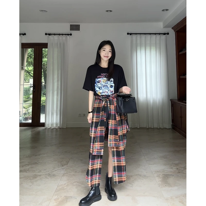 【断码特价 现货不补】 纯棉印花T恤假两件格子短裤半裙 G924A04490