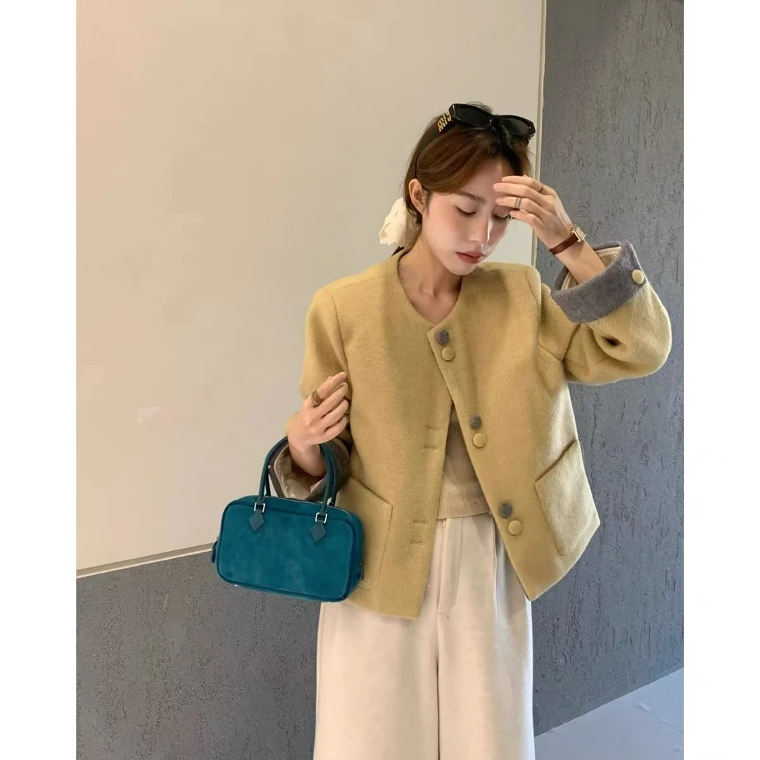 【年底清货】现货加棉加厚小香风羊毛撞色圆领呢子短款外套女8139