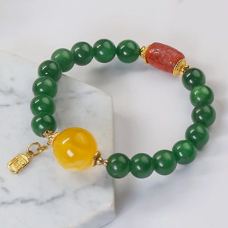 福气满满-时尚简约风银镶嵌天然和田玉碧玉圆珠桶珠手串