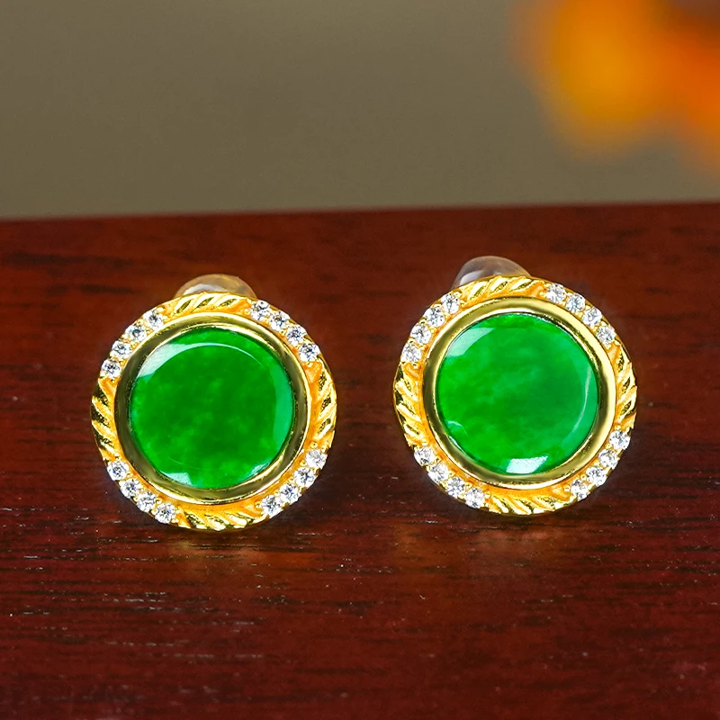 天然翡翠A货银镶嵌精致高级感满绿翡翠龙石小圆牌耳钉一对