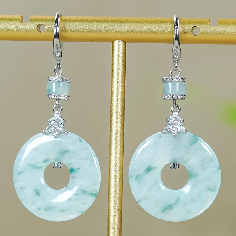 天然翡翠A货银镶嵌冰润冰透飘蓝花甜甜圈子母扣耳环耳钩