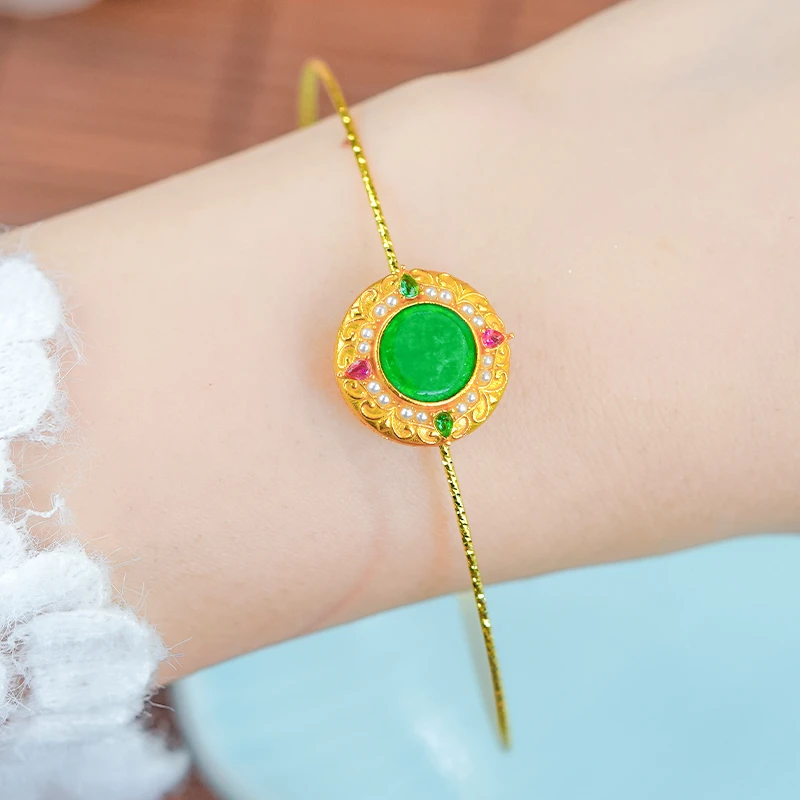 精致雕花花丝设计感银镶嵌天然满绿翡翠A货小圆牌手链