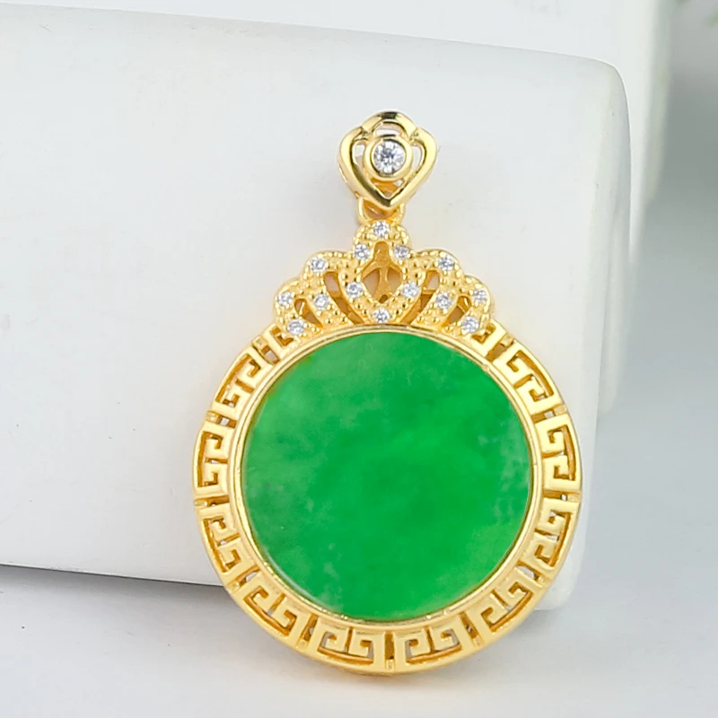 天然翡翠A货银镶嵌精致时尚回纹阳绿翡翠皇冠圆牌单吊坠（小号）