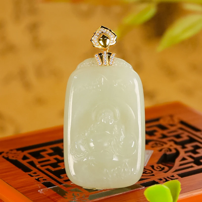 K金 天然和田玉 百搭佛公雕刻吊坠