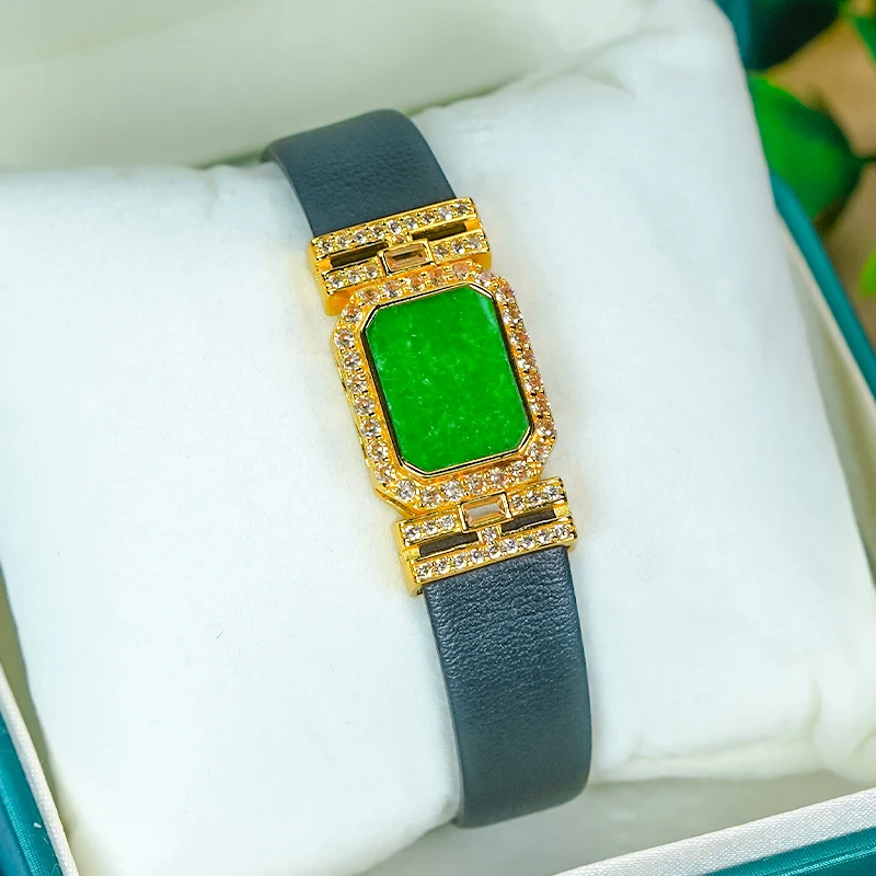 天然翡翠A货银镶嵌时尚豪镶阳绿翡翠无事牌手表款手镯