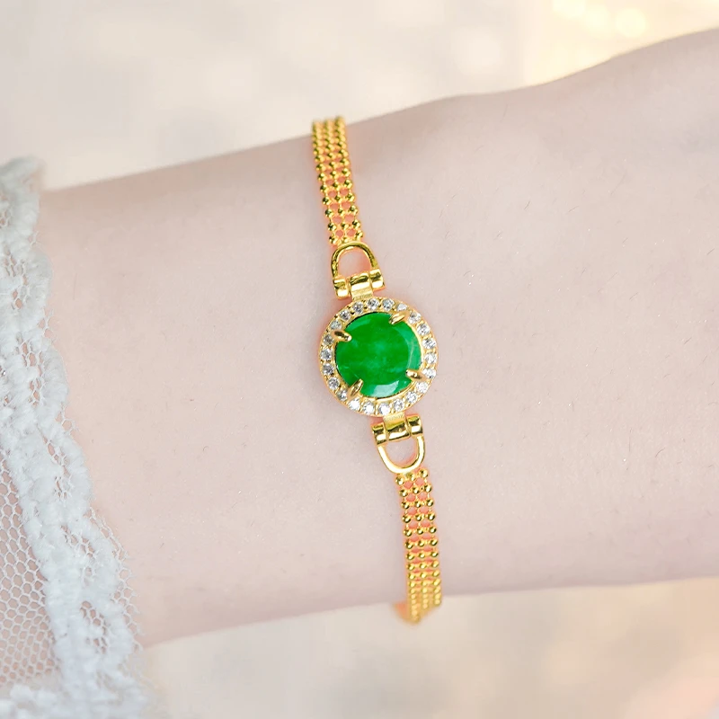 天然翡翠A货银镶嵌时尚日常简约风辣绿翡翠小圆牌手链