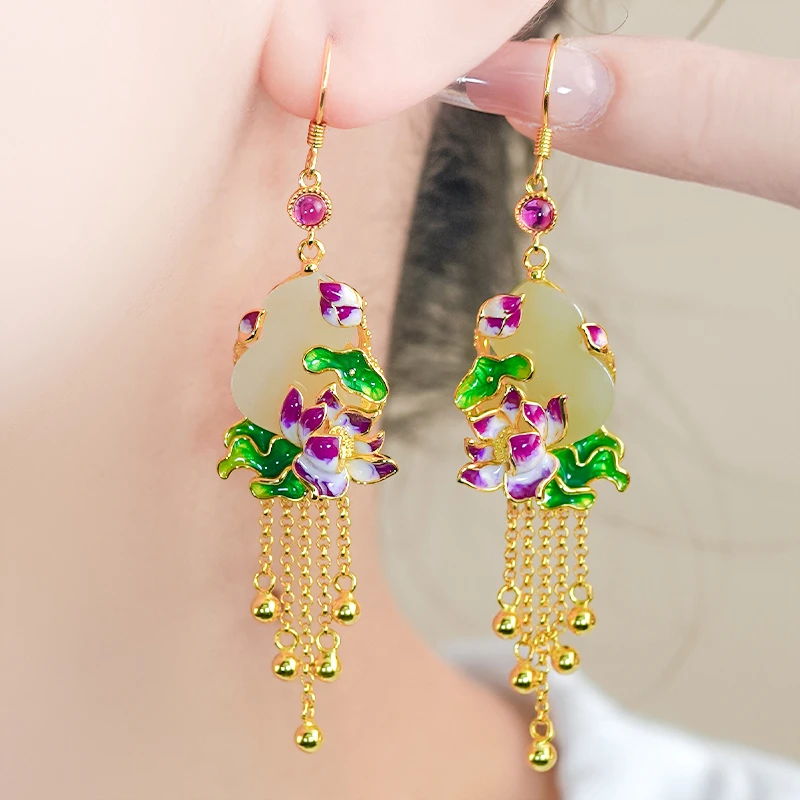 天然和田玉银镶嵌荷花珐琅工艺设计感白玉葫芦耳环耳坠耳钩