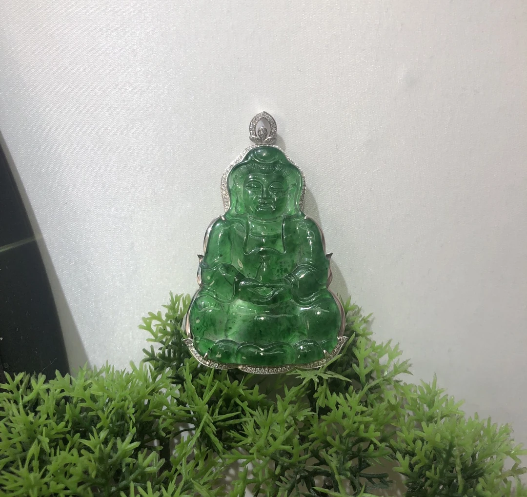 铂Pt950镶 天然翡翠A货 满辣绿观音吊坠