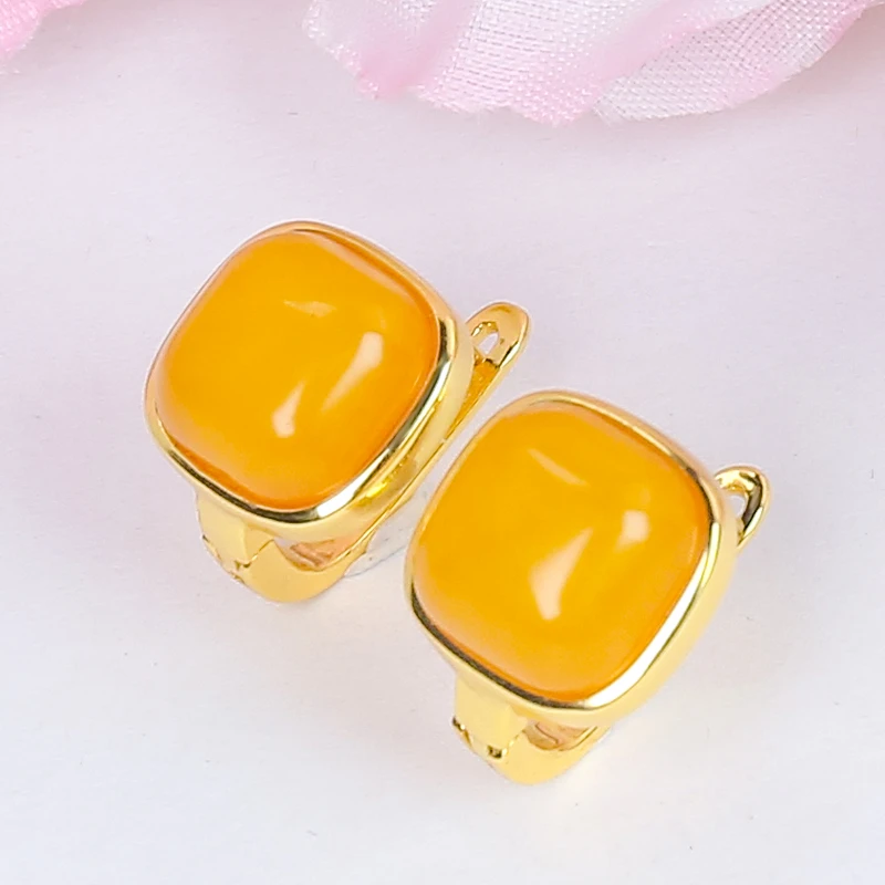 天然蜜蜡时尚简约风蜜蜡银镶嵌方牌耳钉耳扣一对