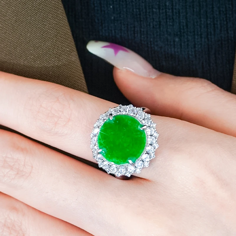 天然翡翠A货银镶嵌气质时尚精美辣绿翡翠龙石种圆牌戒指（开口戒）