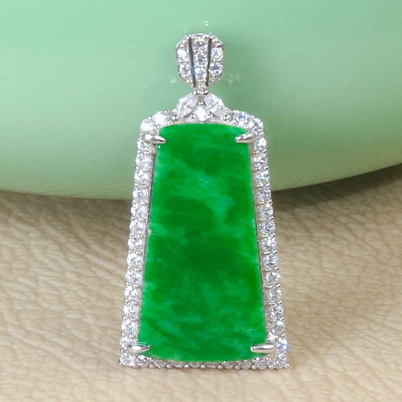 天然翡翠A货925银镶满绿无事牌翡翠吊坠项链