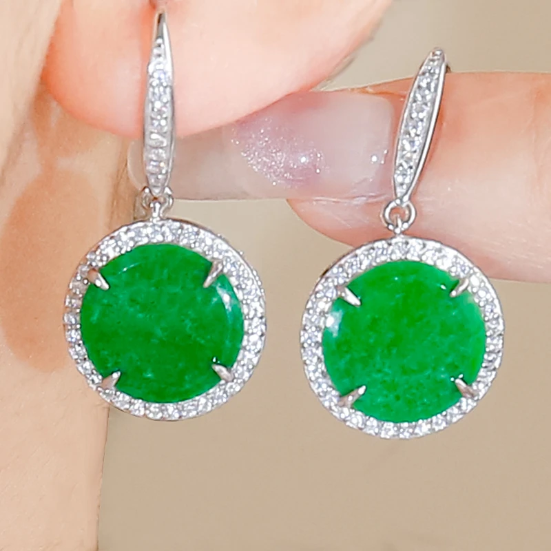 天然翡翠A货银镶嵌时尚日常简约风满绿翡翠龙石种圆牌耳环耳钩