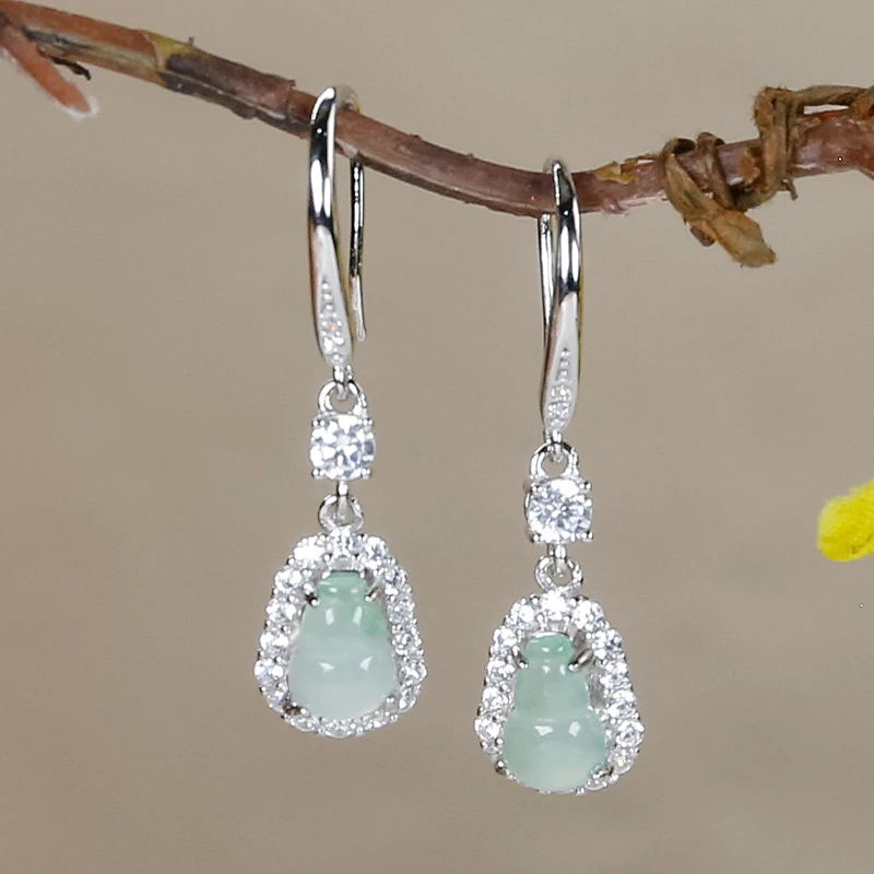 天然翡翠A货冰润冰透翡翠银白色葫芦耳环耳坠耳钩