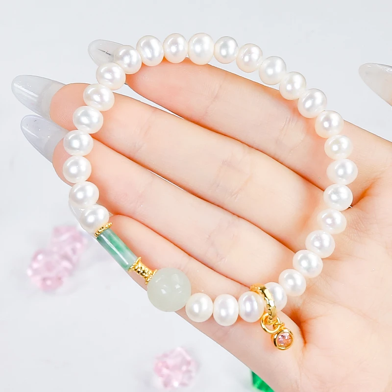 天然淡水珍珠银镶嵌精美时尚百搭珍珠路路通手链（配珠翡翠）