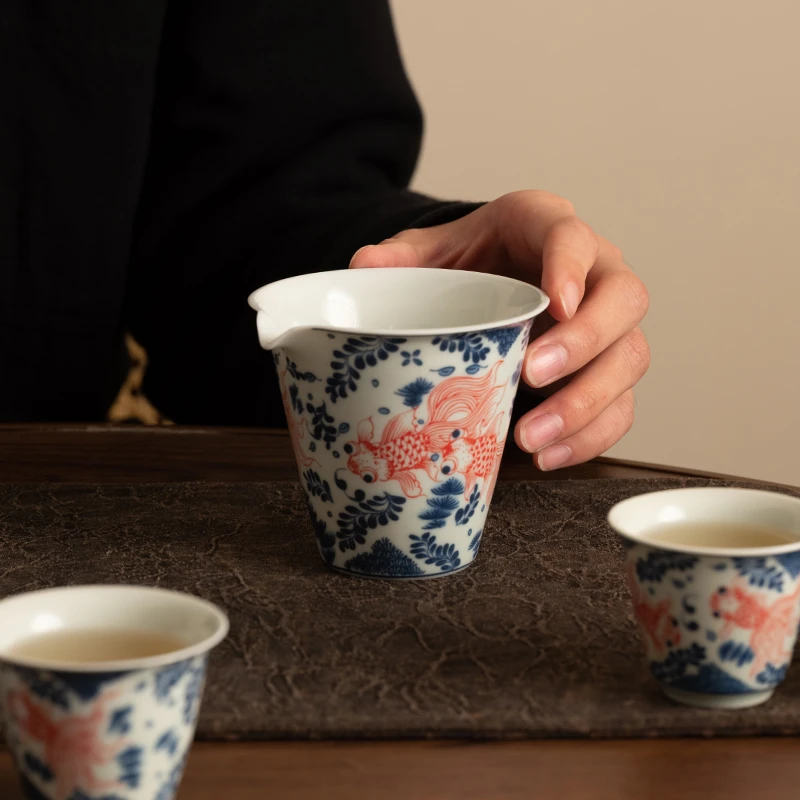 青花陶瓷公道杯复古高端匀杯分茶器功夫茶具配件家用公杯一体茶漏