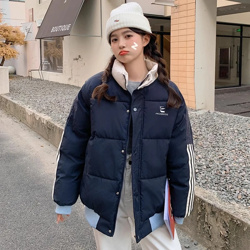 891韩系撞色夹棉加厚面包服外套女冬季oversize学生小个子棉服潮