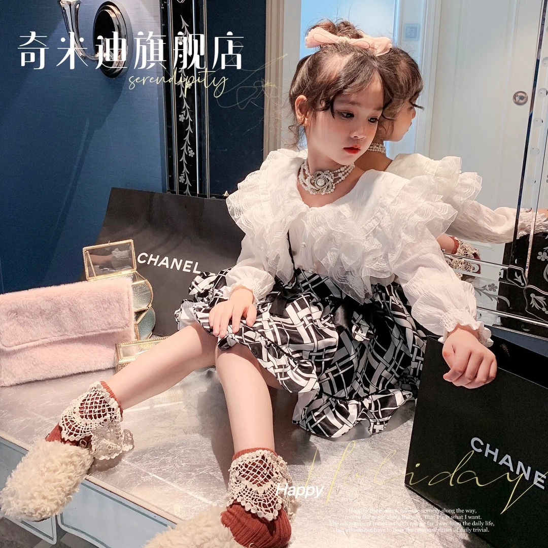 【黑白格】【现货】奇米迪女童背带裙套装秋装新款洋气22082