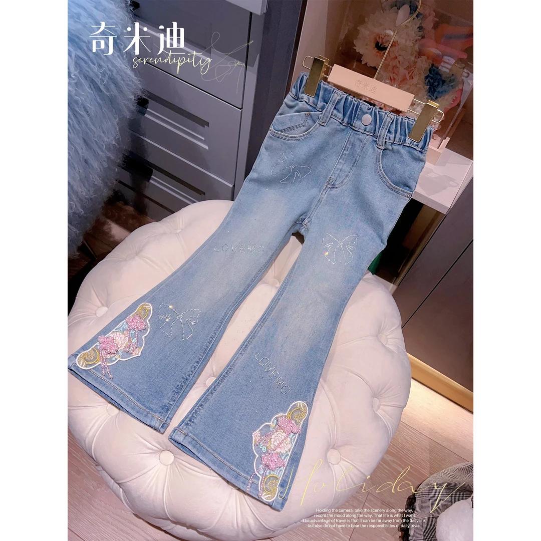 现货 奇米迪女童洋气烫钻微喇牛仔裤春季新款大童喇叭裤12195